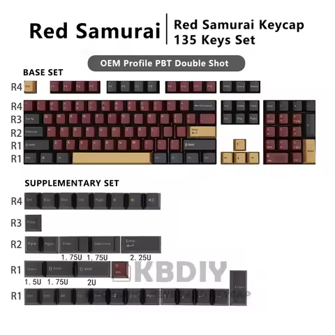 KBDiy GMK Red Samurai Clone Keycap OEM Profile PBT Keycaps Black Red 135 Key Caps Set for Mechanical Keyboard MX Switch Custom