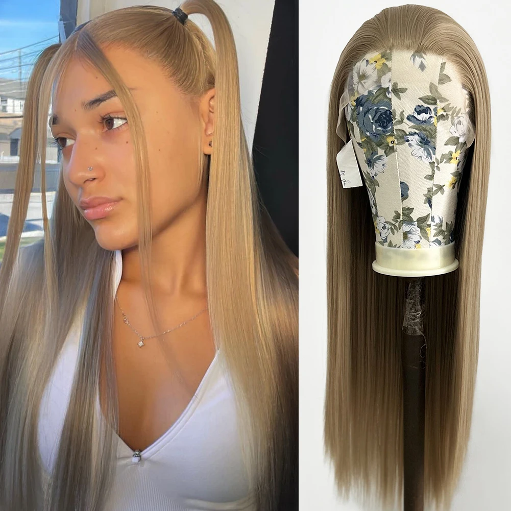 Long Straight 13x4 Lace Front Wig Ash Blonde Glueless Synthetic Lace Wigs for Women Natural Hairline Lace Front Party Wig