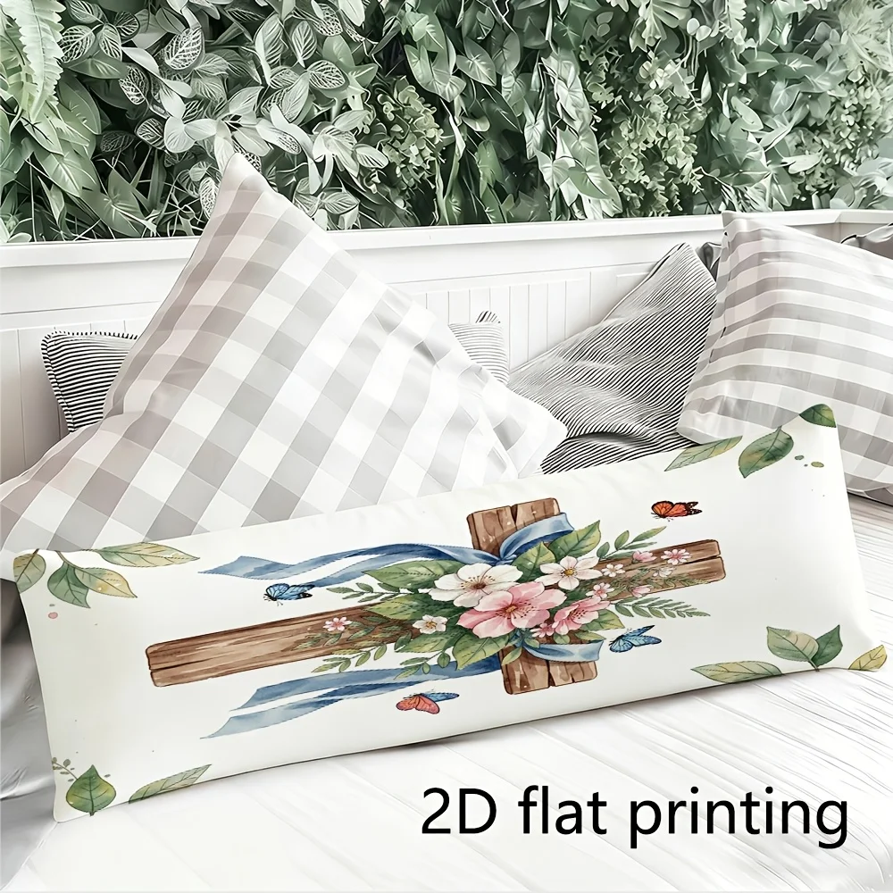 Long Pillowcase, 2D Printed Design, Wooden Cross Bouquet and Butterfly Pattern, Durable Fabric, Full-body Support Pillow Cover,