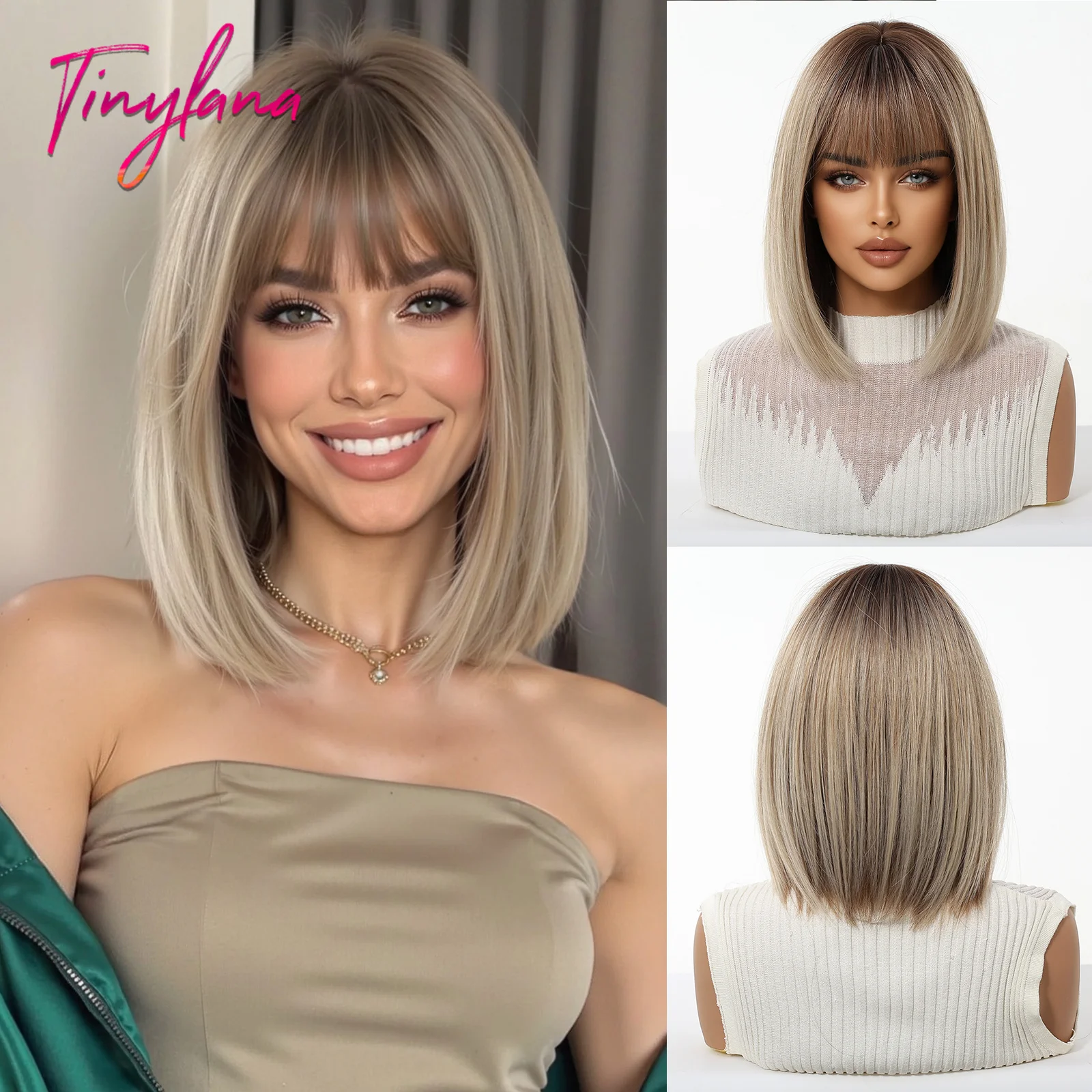 

Light Ash Brown Blonde Synthetic Wigs with Bangs for Women Short Brown Bob Wigs Daily Straight Fake Hair Cosplay Heat Resistant