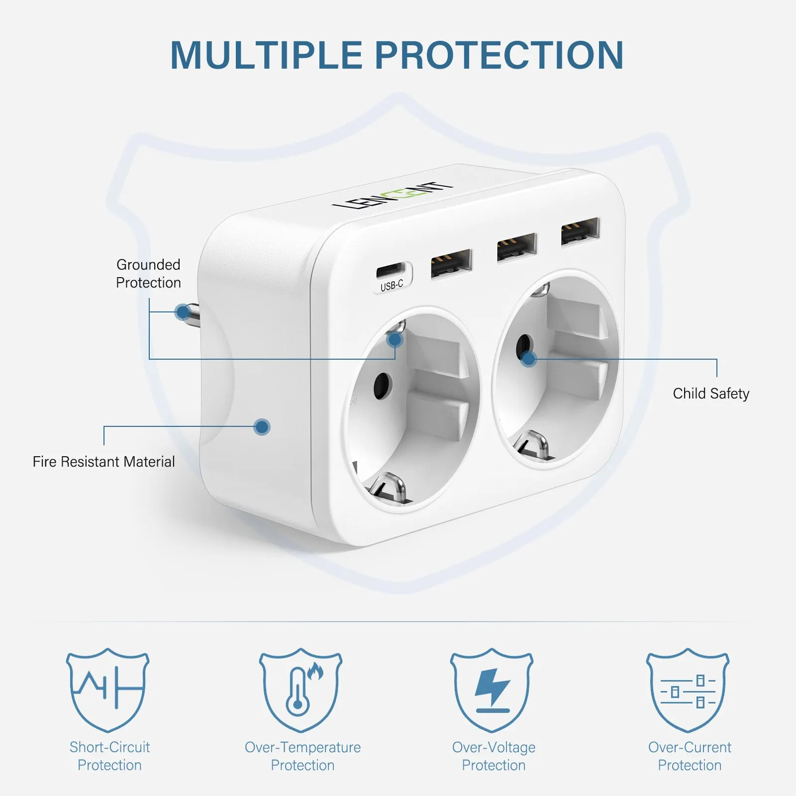 LENCEN EU Wall Socket Extender with 2AC Outlets 3 USB and 1 Type 5V 2.4A Power Charger Adapter Overload Protection for Home/Offi