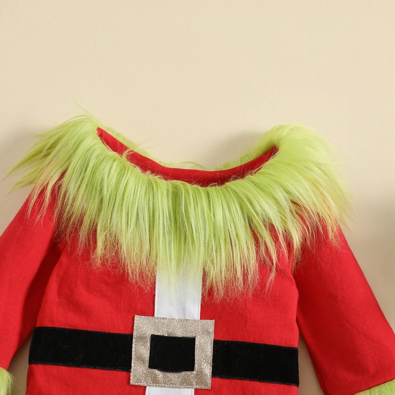 1-7Year Toddler Baby Christmas Outfit Boy Girl Green Monster Furry Costume Shirts and Pants Christmas Santa Cosplay Party Suits