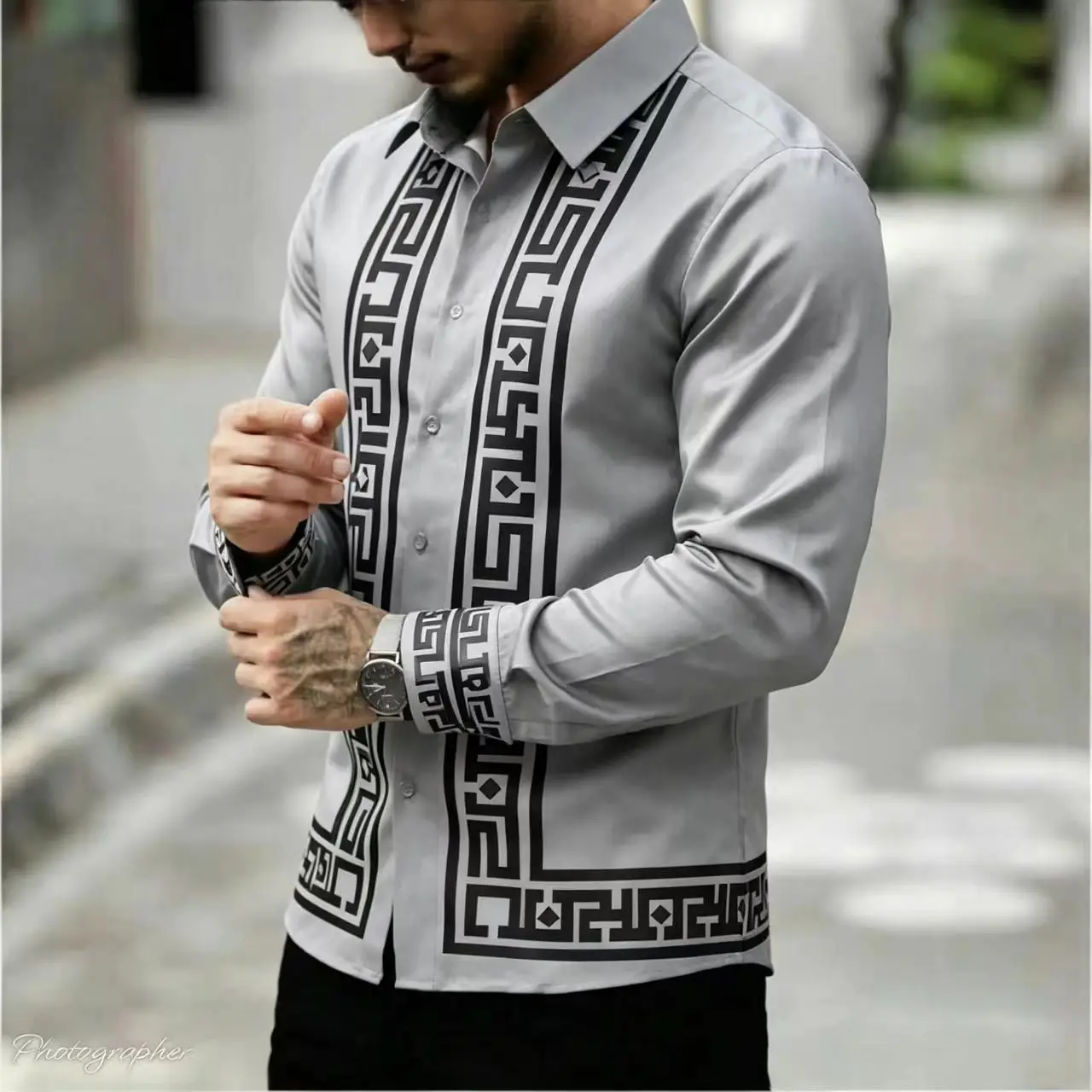 Men's fashionable long sleeved shirt, casual, retro, versatile, with geometric print pattern, comfortable high-quality top