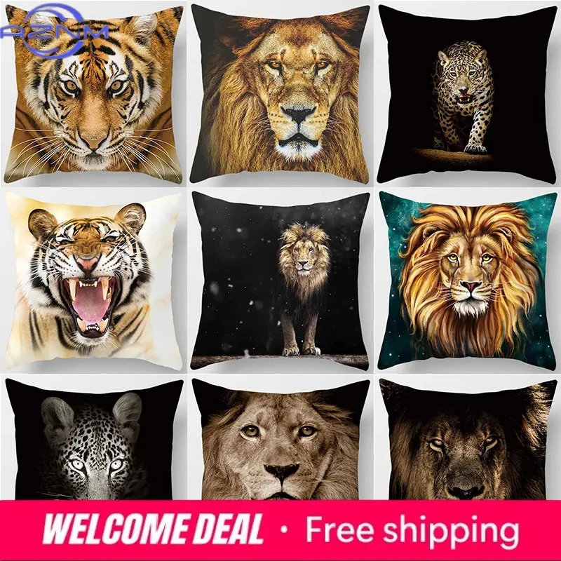 Animal World Tiger Lion Print Pattern Pillowcase Living Room Sofa Cushion Cover Bedroom Bedside Home Decoration 45x45cm