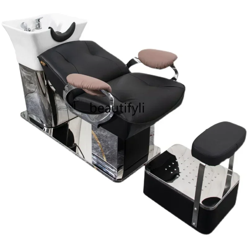 

lx29High-End Stainless Steel Ceramic Basin for Hair Washing Station Flushing Bed Barber Shop Simple Half-Lying Bed
