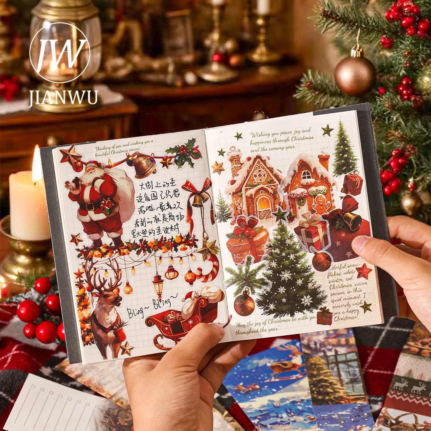 JIANWU Neon Seri Natal Vintage Festival Pohon Santa Claus Lanskap Bahan Kolase Kotak Hadiah Alat Tulis Jurnal Kreatif