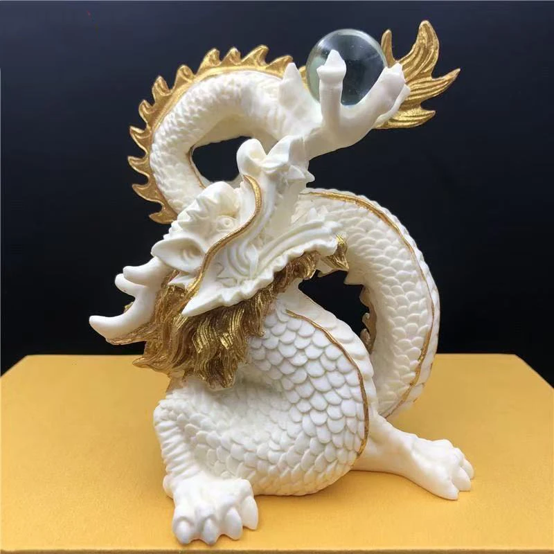 Dragon Statue Holding Crystal Ball,  Resin Feng Shui Lucky Figurine,  Mythical Wealth Ornament for Home Office Desk Decor Gift