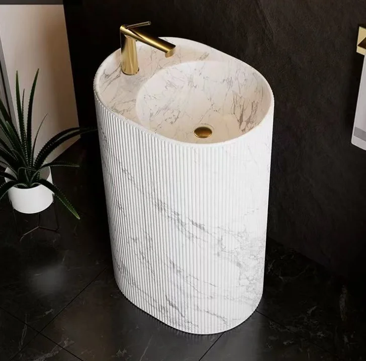 S*& Big Oval shape white color Floor Stand Solid Surface Washbasin Composite Stone Bathroom Sinks Stand Alone Stone Basin