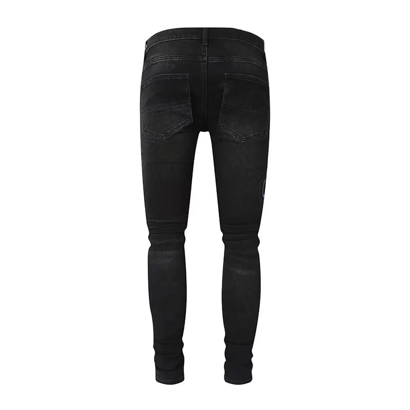 Street fashion men\'s jeans retro elastic tight corrugated jeans men\'s cobra patch designer hip-hop brand black gray denim pants