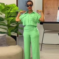 Casual Women's Solid Two Piece Sets Spring Summer Turn-down Neck Short Sleeve Loose Top & Wide Leg Pants Set Streetwear Outfits