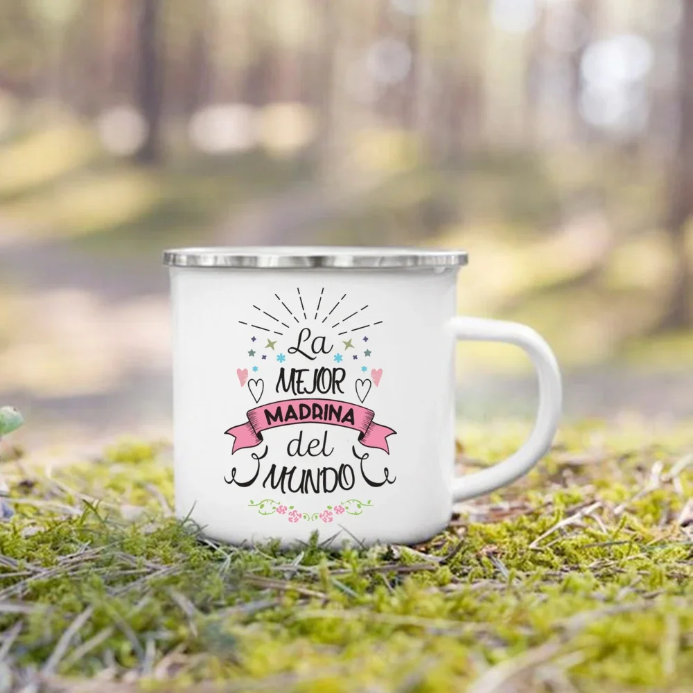 Best Godmother Godfather In The World Print Enamel Mug Friend Drinks Coffee Cup Camping Mugs Best Idea Gift for Madrina Padrinos