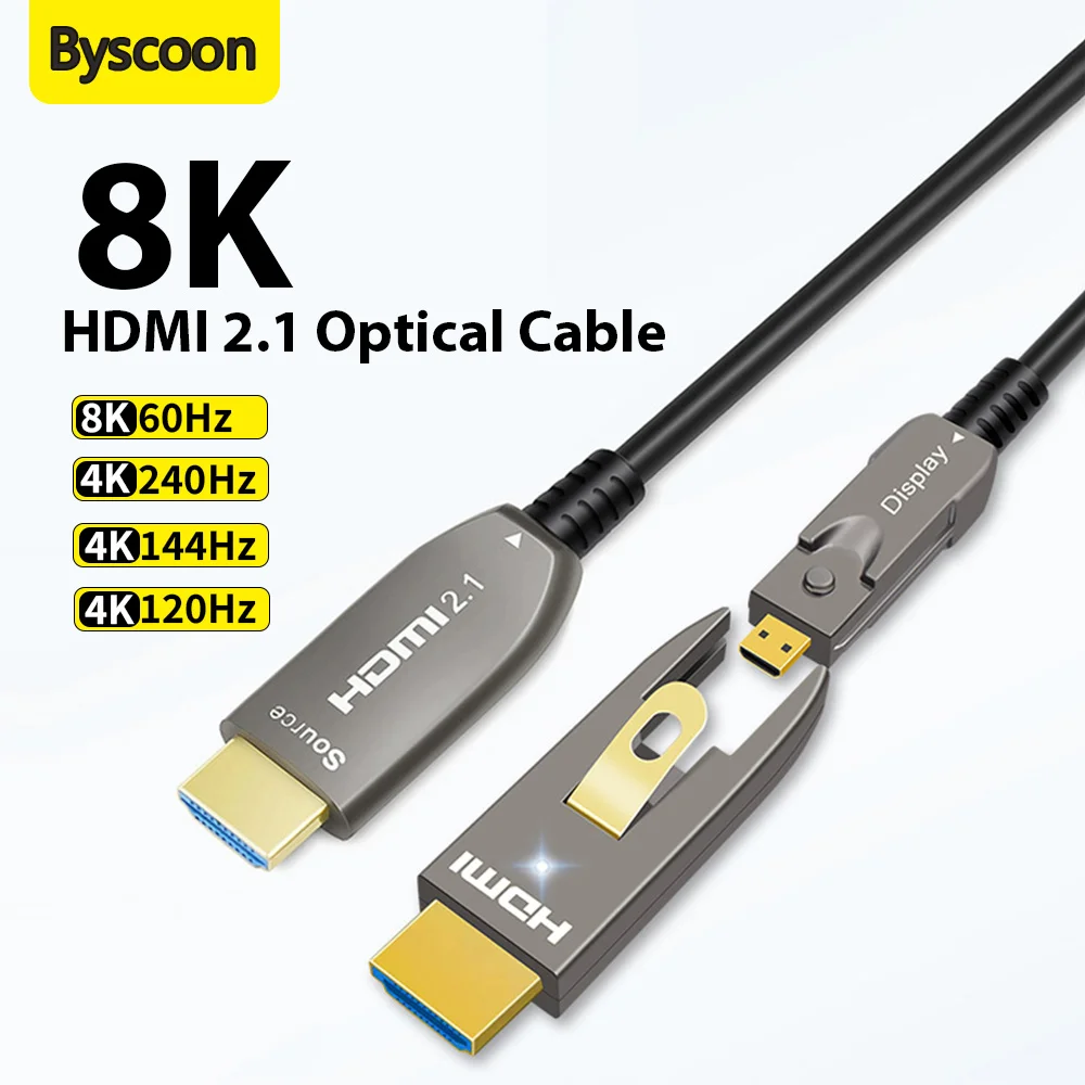 Byscoon Detachable Optical Fiber HDMI 2.1 AOC-Active 8K@60Hz 4K@240Hz 48Gbps For Home Theater Blu-ray Projector 1-30M