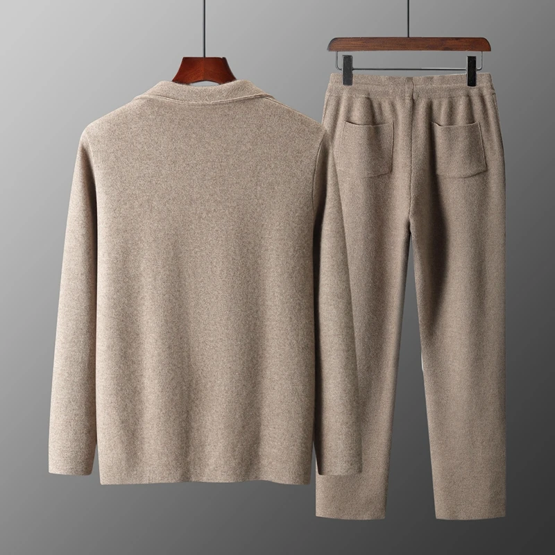 MVLYFLRT Men's Autumn Winter Thick 100% Merino Wool Knitted Two-Piece Set Men's Suit Collar Cardigan Casual Elastic Waist Pants. - view 2