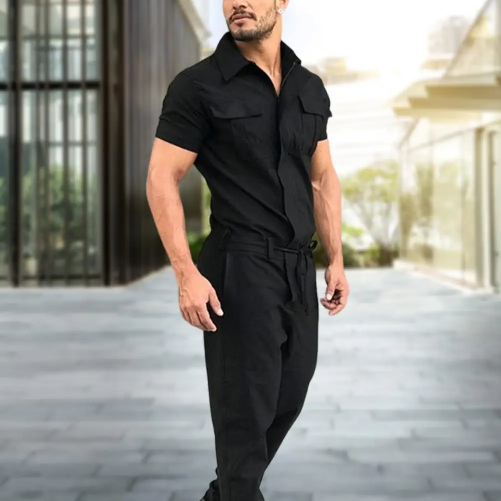 Casual Men's Fashion Overalls Street Wear Jumpsuit Fall Men Short Sleeve Basic Work Coverall Male Pure Color Cargo Overalls