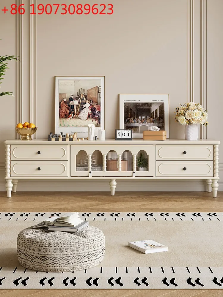 French cream style white solid wood TV cabinet, living room home American TV cabinet, locker integrated