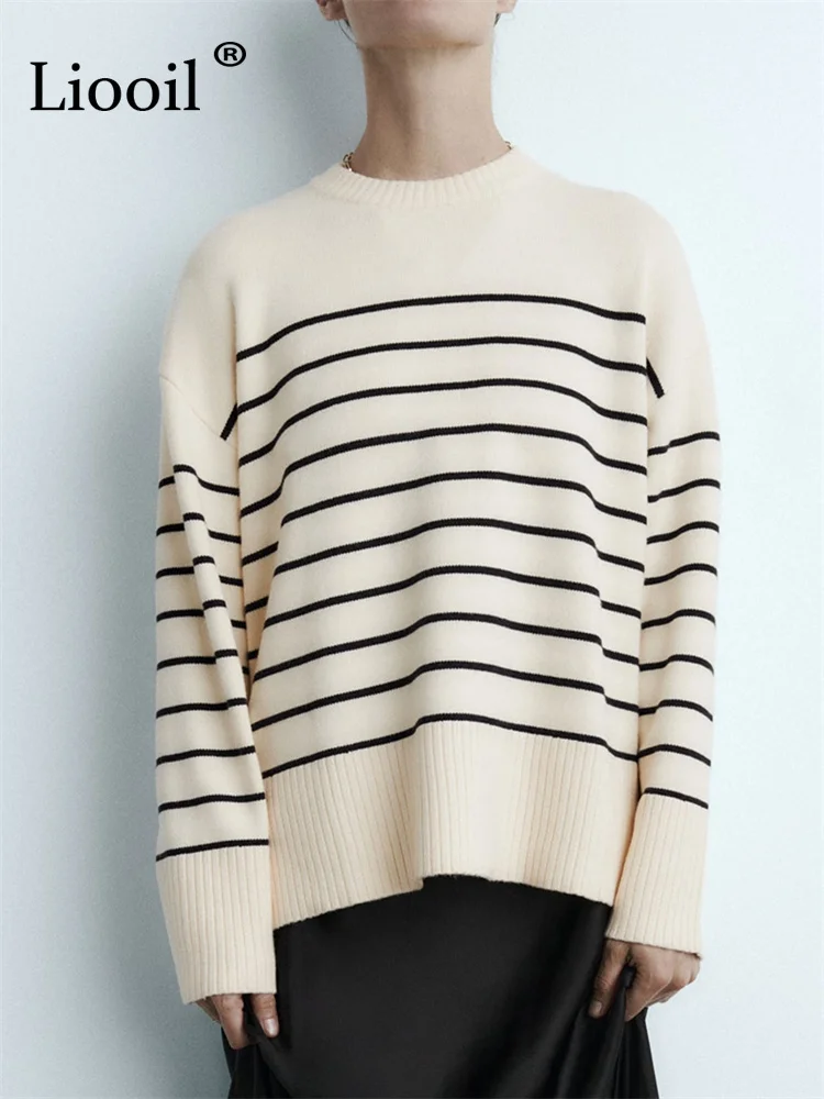 Beige Stripe Baggy Sweater Women Pullover Streetwear Long Sleeve Knitted Tops Female Jumper Autumn Winter Loose Knitted Sweaters