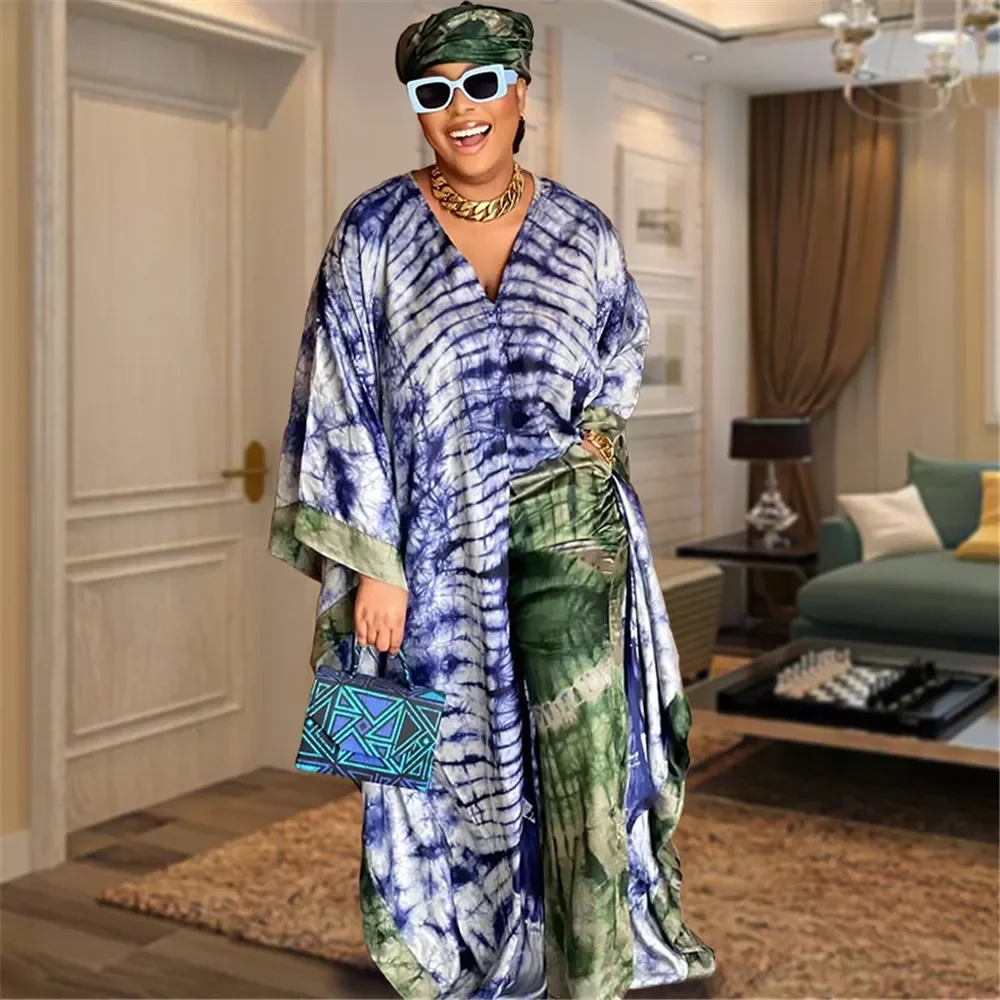 New Dress Digital Print Chiffon Cardigan Slacks Two-piece African Robe 8951#