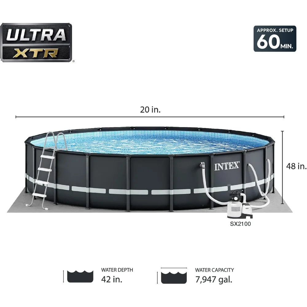 Juego de piscina Deluxe sobre el suelo, 20 pies x 48 pulgadas, incluye cartucho de 2100 GPH, bomba de filtro de arena, resistente a los pinchazos y al óxido