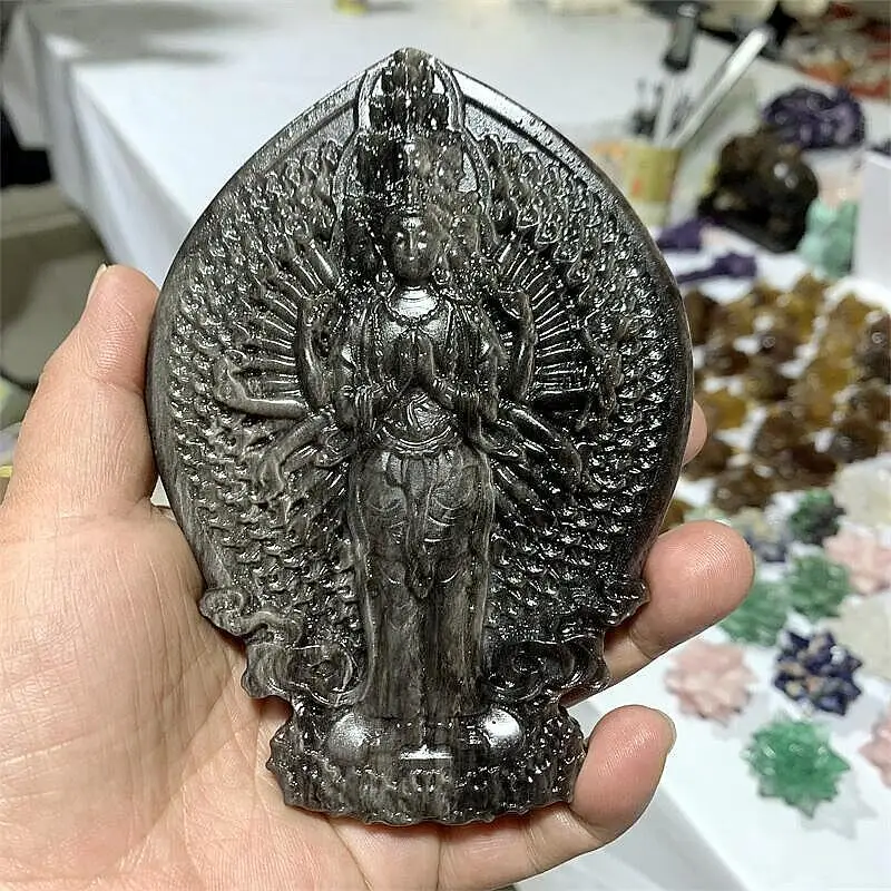 

Natural Stone Silver Obsidian Carved Thousand-Hand Kwan-yin Statue Lucky Amulet Fine Jewelry Feng Shui Room Decor 1pcs