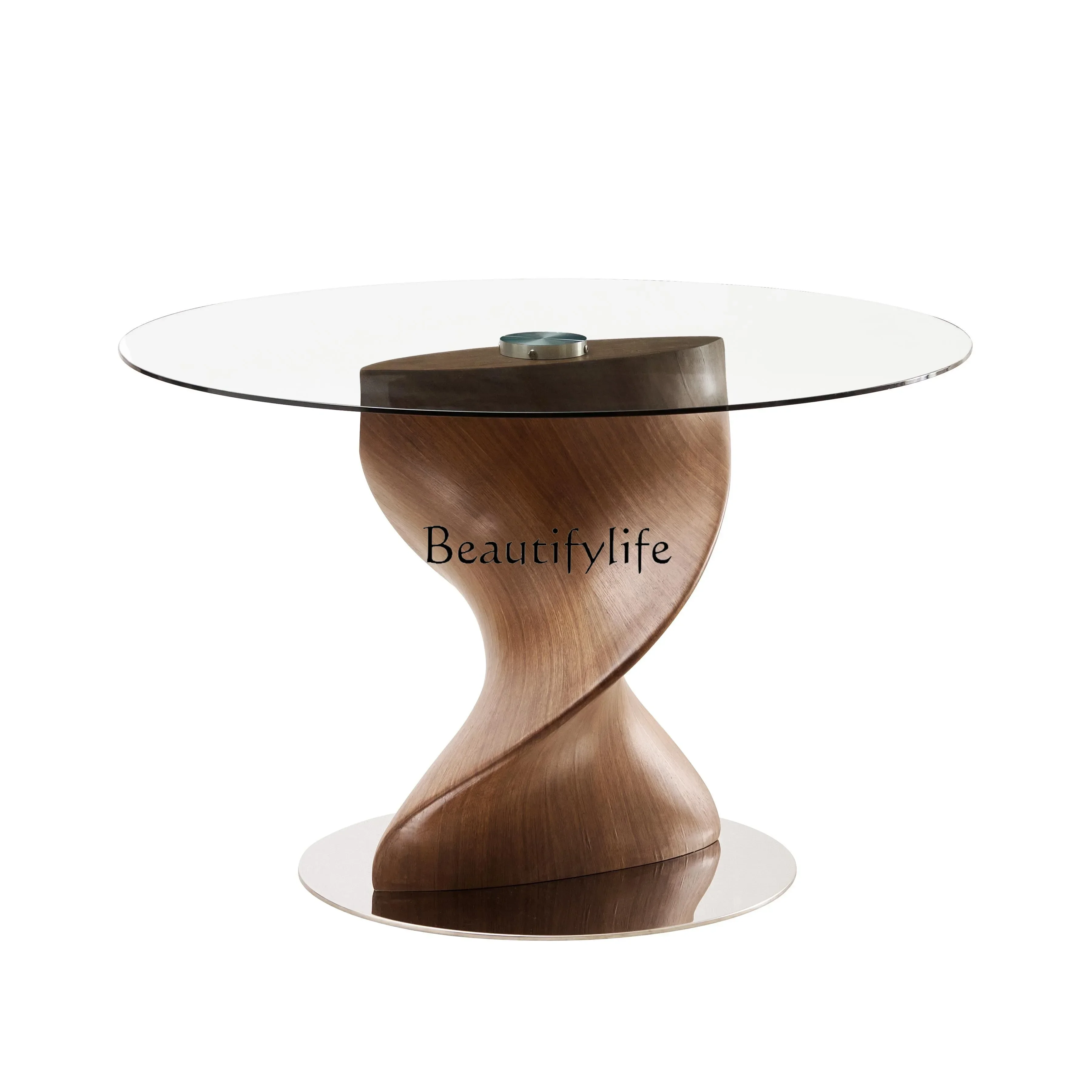 

56Walnut pattern dining table rotating glass small apartment household slate marble round table