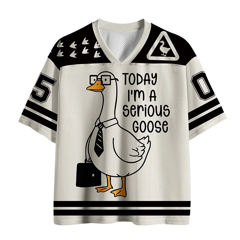Funny Serious Goose Workaholic Meme Mesh Football Jersey, V Neck Short Sleeve Streetwear Top, Cute Animal Graphic Casual Outfit