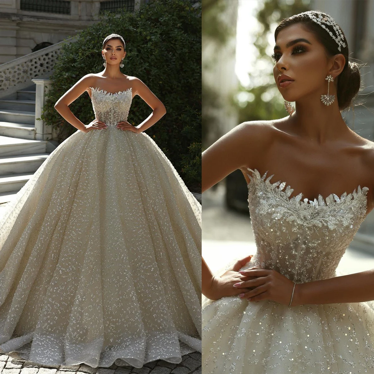 

Elegant Strapless Wedding Dresses Ball Gown Sleeveless Sequined Lace Appliques Vestido De Noiva Custom Made Bridal Dress