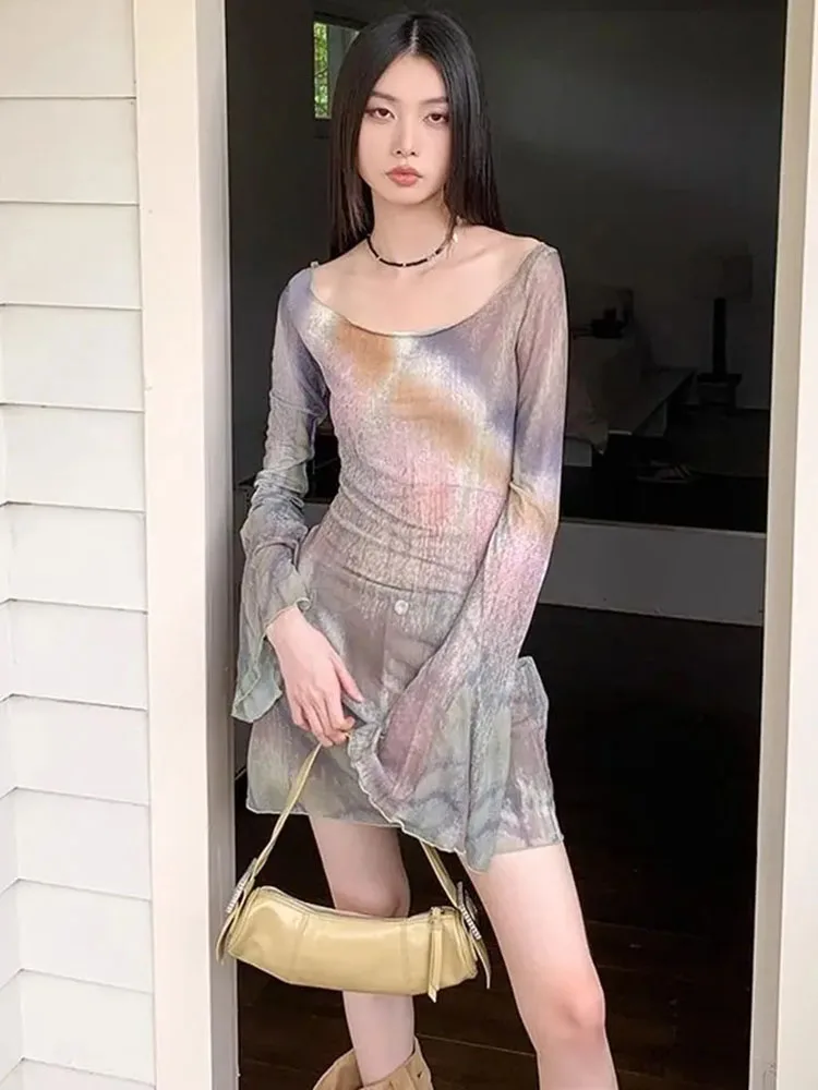 Vintage Tie Dye Print Mesh Flare Sleeve T Shirt Women Slash Neck Slim Fit Base Top Y2k Aesthetic Street Spicy Girl Tees