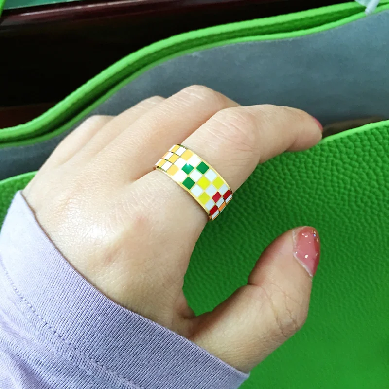 Waterproof Colorful Enamel Plaid Rings For Women Stainless Steel Finger Ring 2023 Trend Femme Aesthetic Jewelry anillos mujer