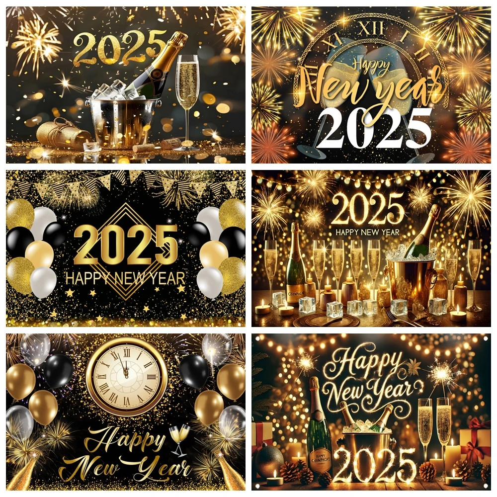 

2025 New Year'S Decor Backdrop Fireworks Champagne Golden Balloon Banner Celebrate Party Family Poster Photography Background