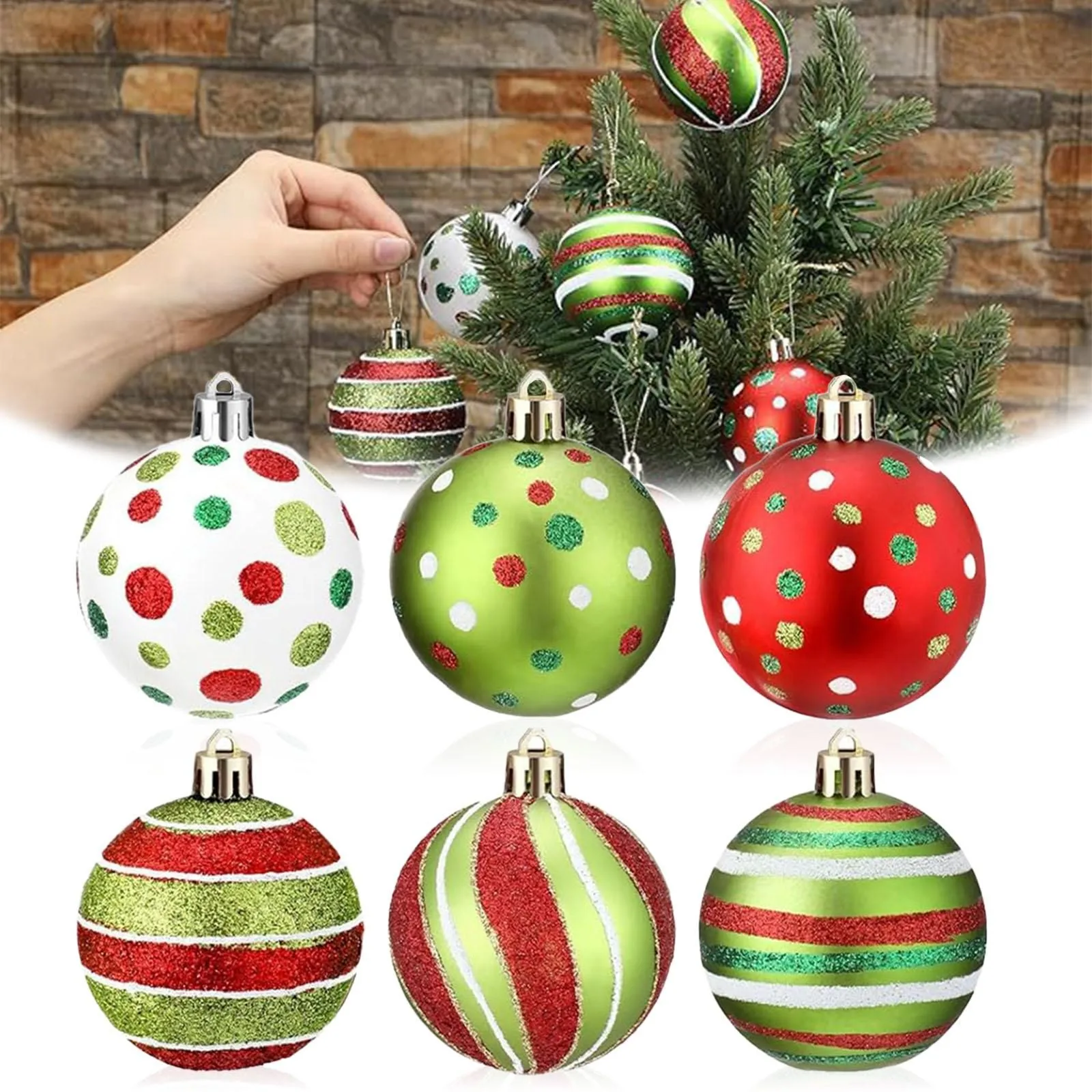 

12Pcs Glittering Christmas Balls Ornament 2.4 Inch Hanging Swirl Elf Balls Red Green Plastic Christmas Baubles Holiday Decor