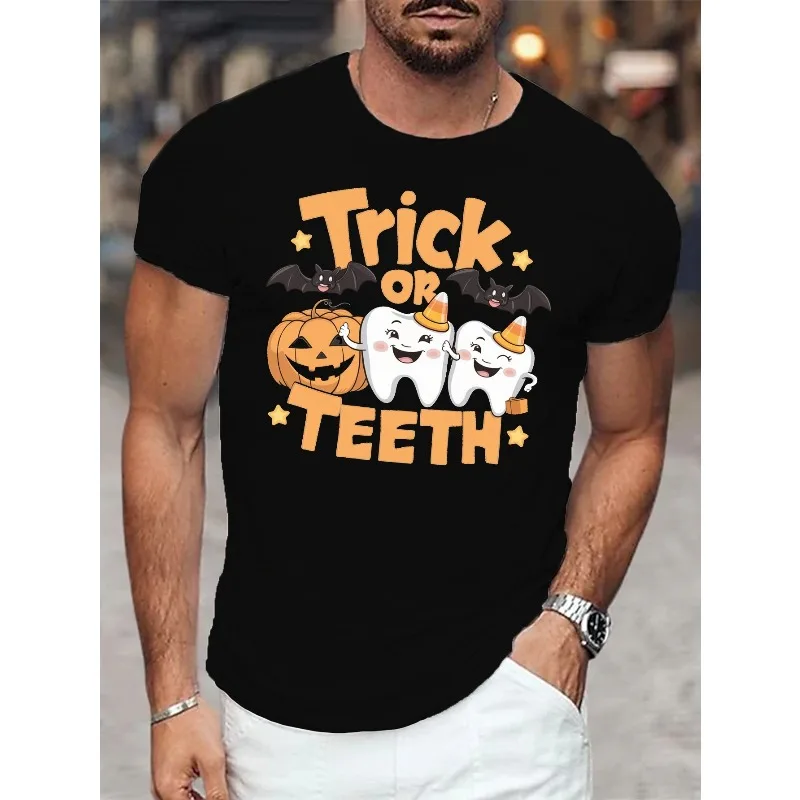Halloween Trick or Teen Fun Printed Short Sleeves, Dental Creative Cartoon Teeth Pumpkin Bat Men's and Women's Tops