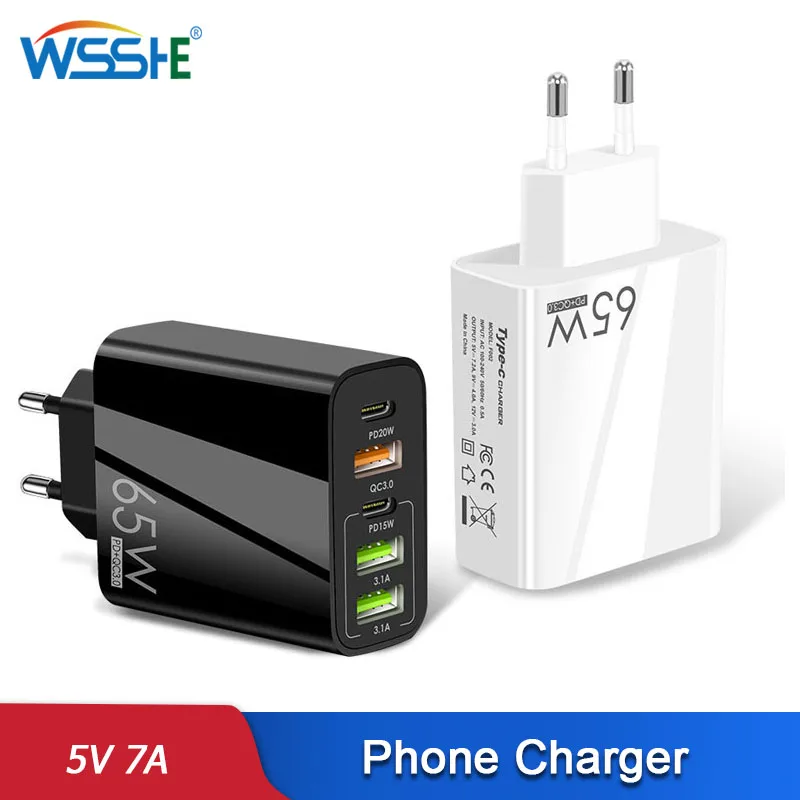 

65W PD Charger 5V 7A Fast Charging 5 Port USB Type C Phone Adapter EU US UK Plug For iPhone 13 12 Pro iPad Huawei Xiaomi Samsung