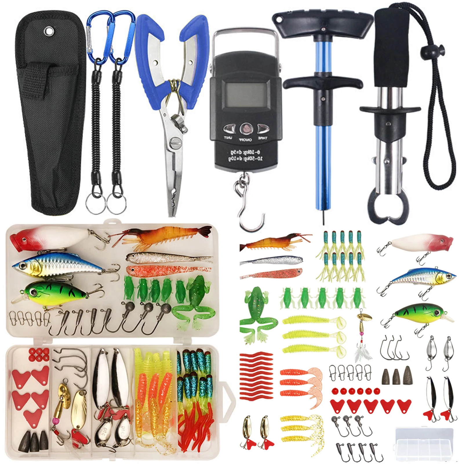 

85pcs/Lot Fishing Tackle Kit Fish Hooks Removers Fishing Pliers Grippers Lure Baits Accessories Set Fish Scale Fishing Tools Gea