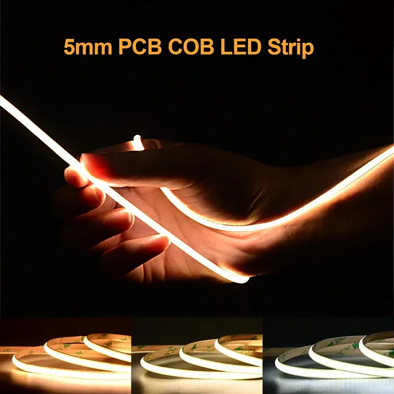 

5mm PCB COB LED Strip Ultra Thin 384LEDs/m High Density Flexible Lights RA90 DC12V/24V Dimmable Decor Lighting 3000K 4000K 6500K