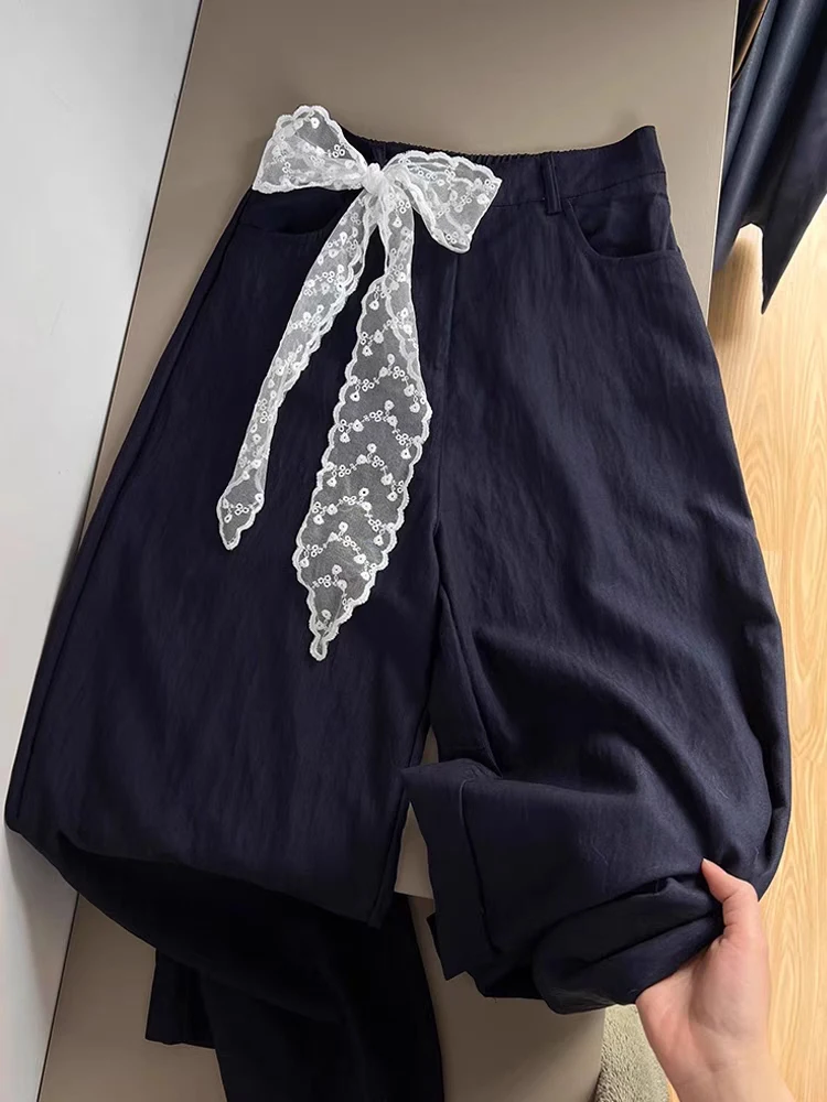 

Qui Dry Lace Belted Wide Leg Pants Thin Summer Women's Sle High Waist Trousers Comfortable Breathable Casual Faion