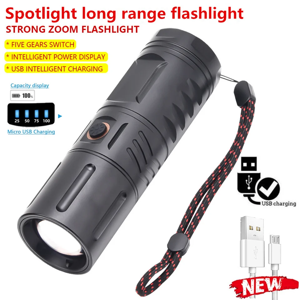 Portable Strong Light Spotlight Long Range LED Flashlight Charging High Power Torch Built-in 3*18650 Lithium Batteries