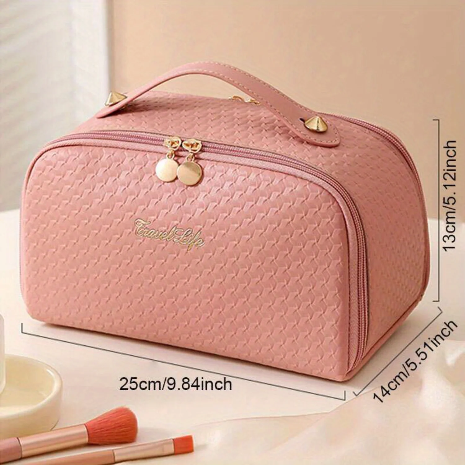 

Solid Color Makeup Bag, Versatile Multifunctional Cosmetic Organizer With Top Handle