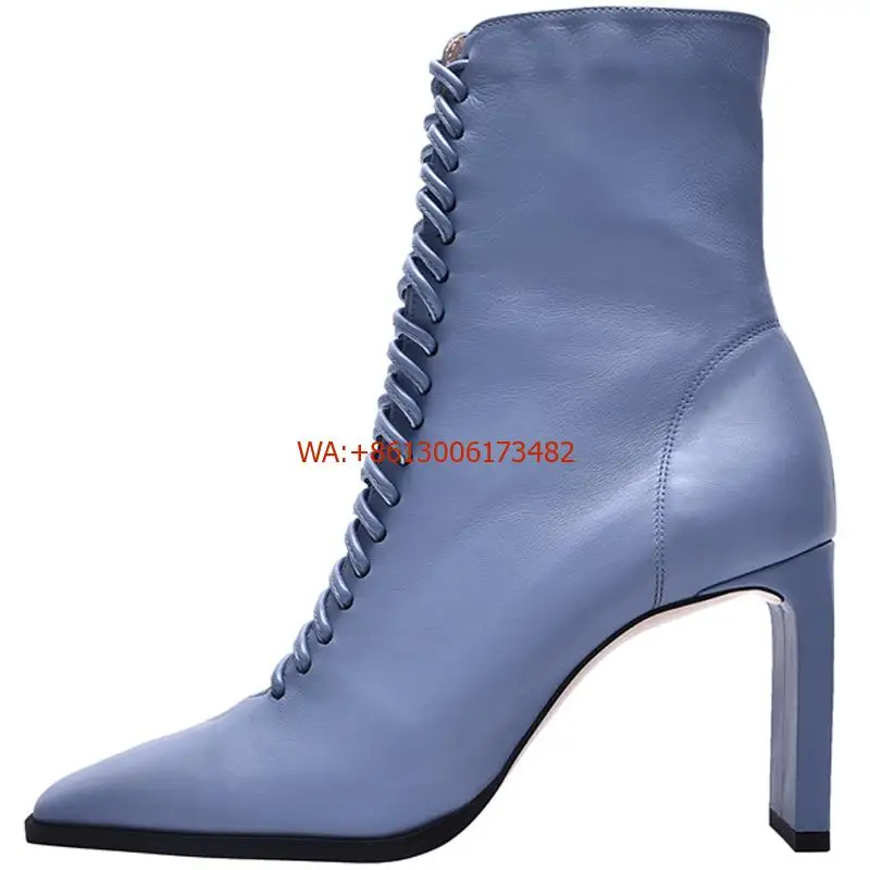 New Design High Heel Short Boots Women Ankle Boots Square Toe High Thick Heel Lace Up Boots Blue Black Nude Colors Lace Up Boots
