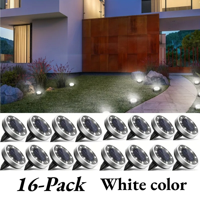 16pcs, Bright 8Leds Solar In-Ground Lights, Solar Outdoor Garden, Pathway Lights Solar Powered Lights, Disk Lights Solar Underground Landscape Lighting, IP44 Cool White or Warm White for Path, Patio, Lawn, Driveway