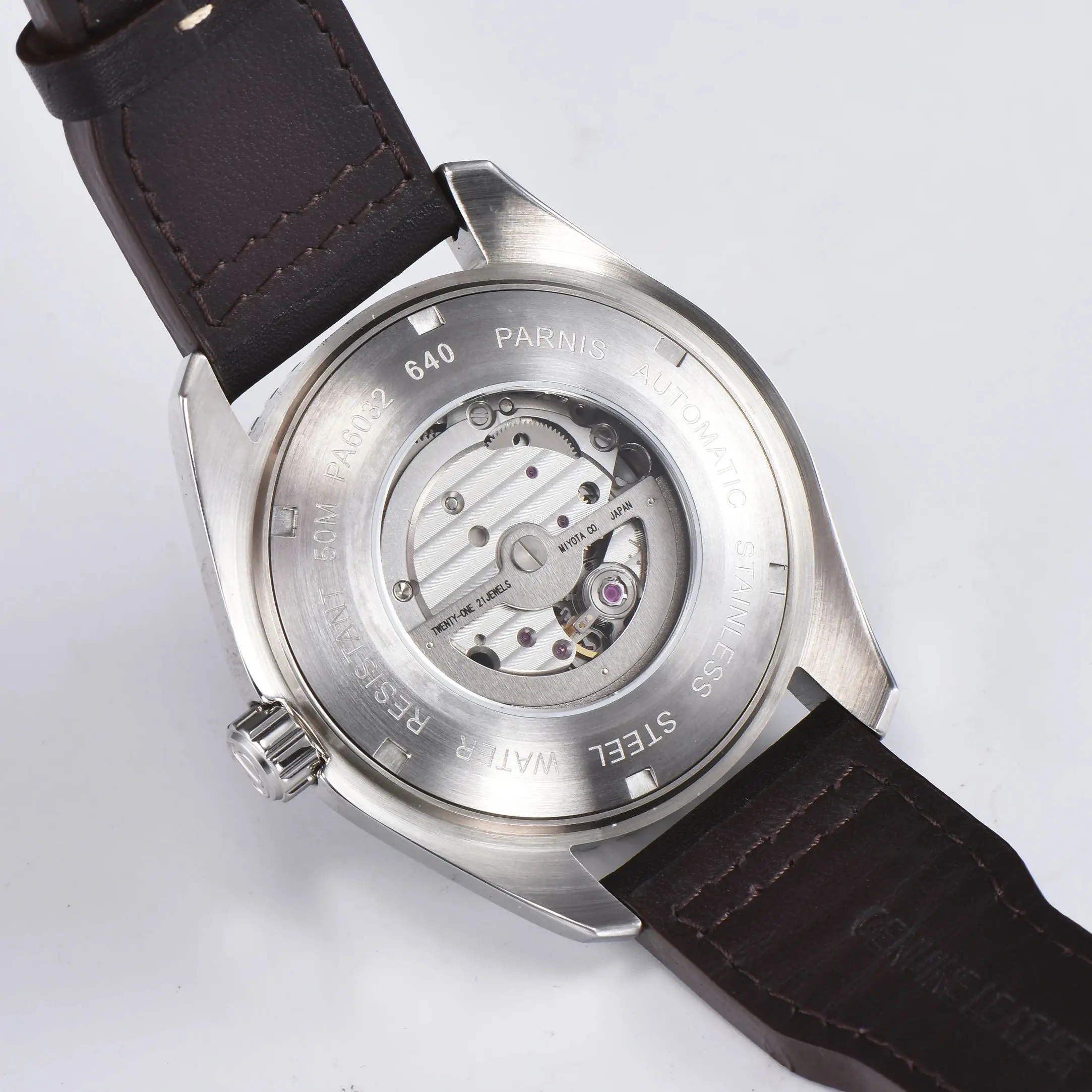 Модные мужские часы Parnis 45 мм, серебристые Стандартные Автоматические Мужские часы с сапфировым стеклом и кожаным ремешком, механические водонепроницаемые часы для мужчин