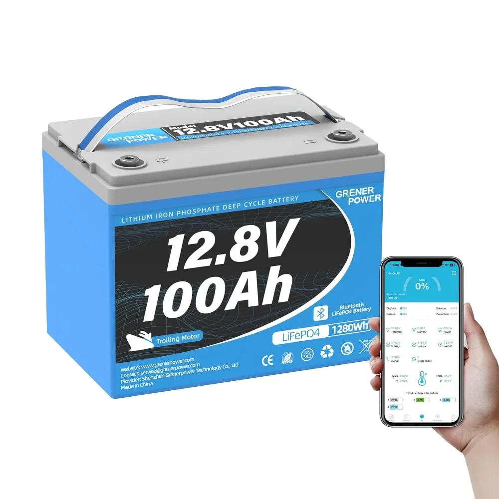 12V 100Ah LiFePO4 Lithium Battery 120A BMS 1280Wh 15000 Cycles 10 Years Lifespan Trolling Motor RV Marine Solar Off Grid, Custom