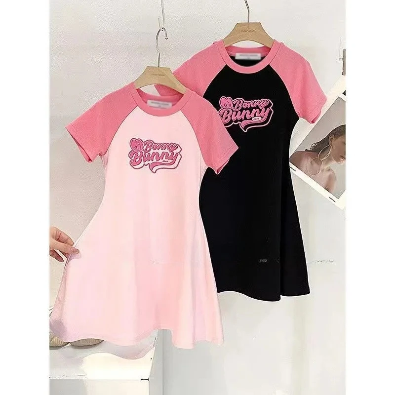 Girls' Colorblock A-Line Summer Dress – Short Sleeve Dress with Letter Print for 4–10 Year Olds, Lightweight Cotton Blend