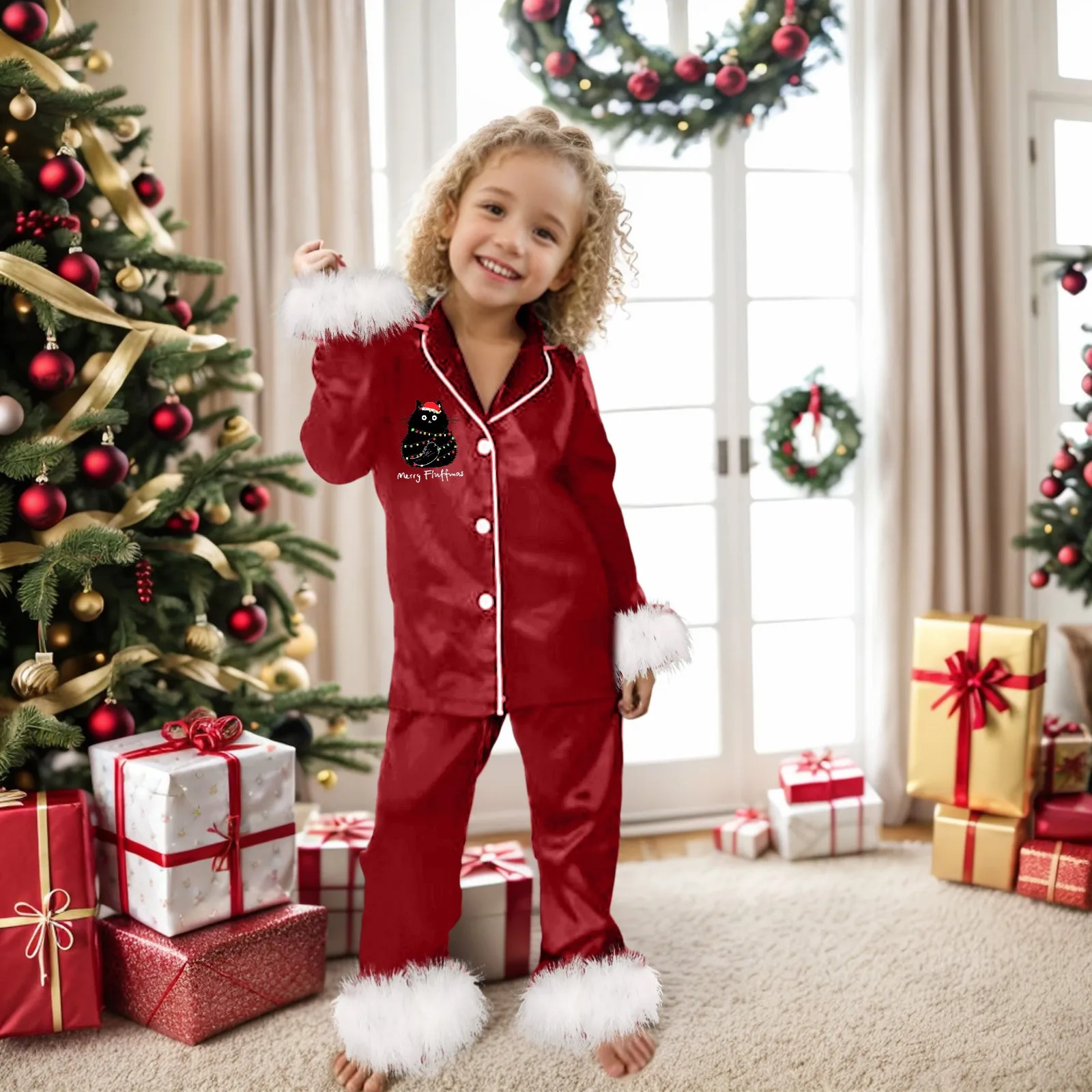 Kids Christmas Print Pajamas Sets Children's Satin Silk Pyjamas Winter Christmas Pjs for Girls Boys Homewear Sleepwear Nightwear