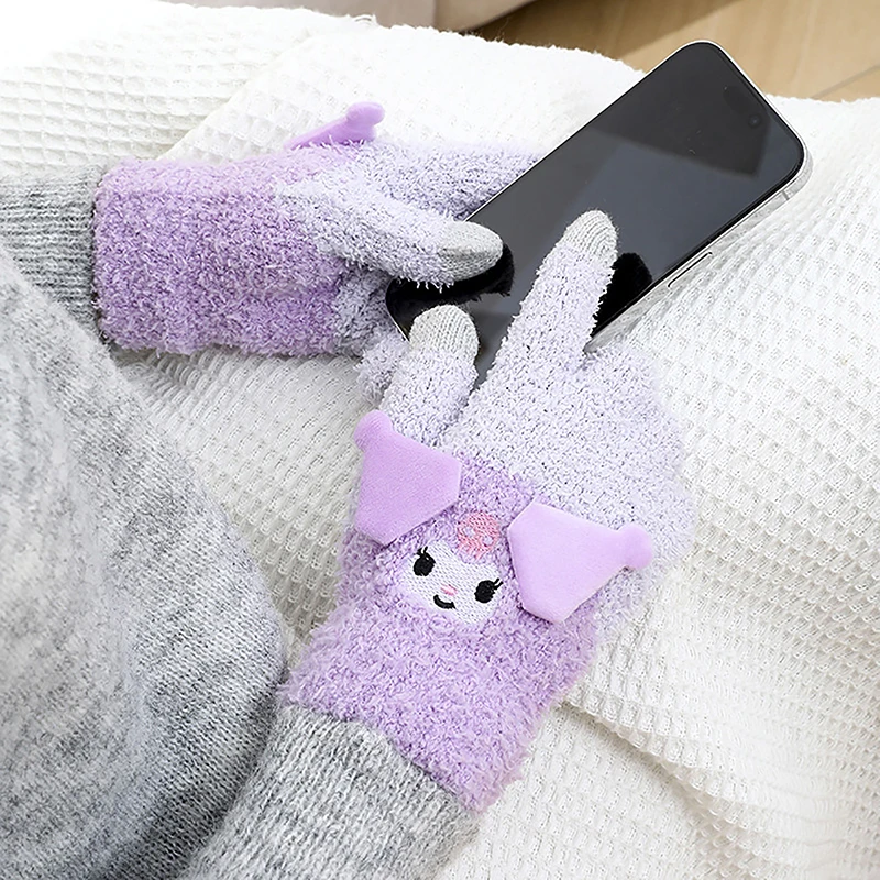 Cute Sanrio Kuromi Melody Gloves Plush Coral Winter Warm Gloves Pochacco Cute Gloves Student Cycling Five-finger Gloves