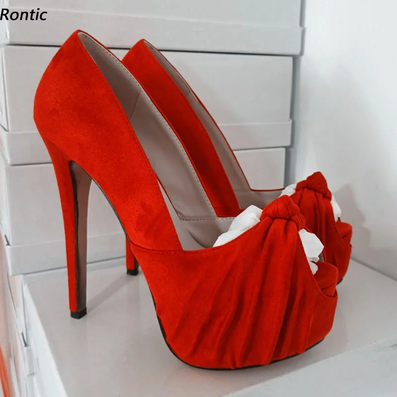 

Rontic Handmade Women Platform Pumps Faux Suede Ultra High Heels Peep Toe Gorgeous Red Pink Blue Party Shoes Ladies US Size 5-20