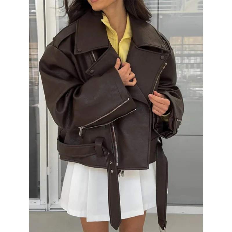 Veste en cuir marron tendance INS pour femme, nouvelle collection, design haut de gamme, col à revers, courte, à lacets, style élégant