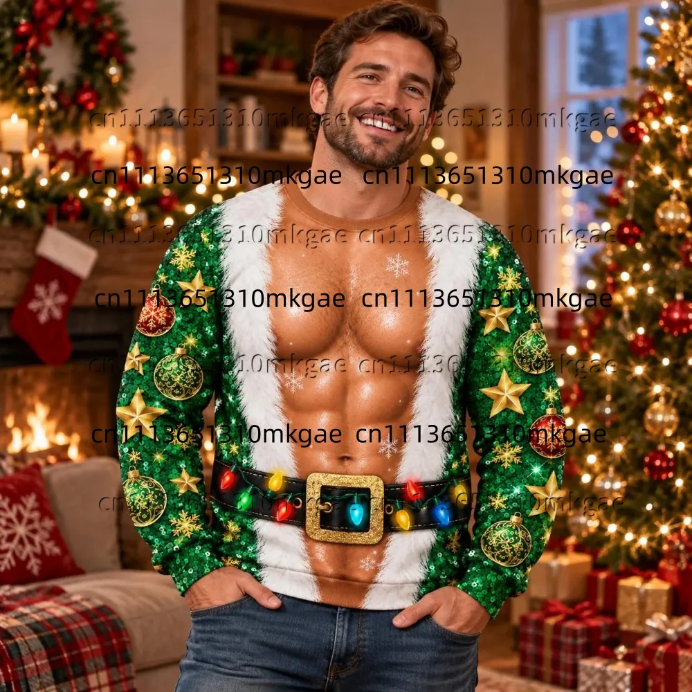 Ugly Christmas Couple Matching Outfit Sweatshirt 3D Fake Muscle Santa Print Long Sleeve Pullover Snowflake Holiday Party Tops