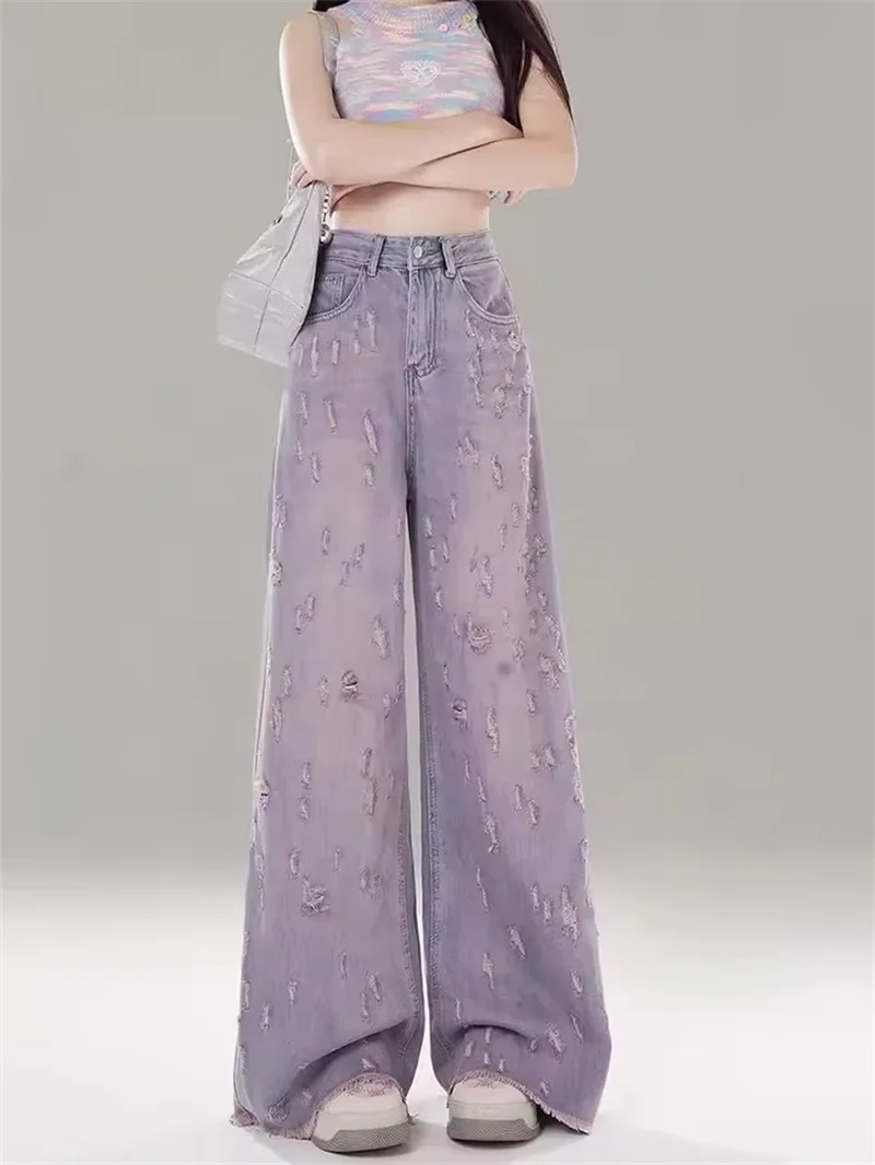 Women Spring Summer New Hole Design Sense Floor-Length Pink Purple Long Trousers Fashion High Waist Wide Leg Denim Jeans Ladies