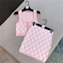 Sweet Pink Knit Plaid Skirt 2 Piece Sets For Women 2024 Summer Sexy U-Collar Crop Camisole Tops Bodycon Mini Skirt Suits Female
