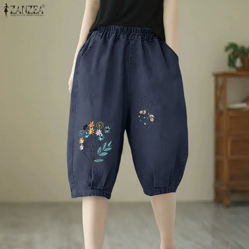 

ZANZEA 2026, модные женские шорты, летние винтажные короткие брюки с цветочной вышивкой, уличные повседневные свободные брюки с эластичной резинкой на талии Femme